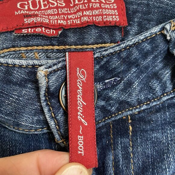 Vintage Y2K Guess Daredevil Boot Jeans Women 30 Denim Distressed Low Rise Grunge - Picture 11 of 14